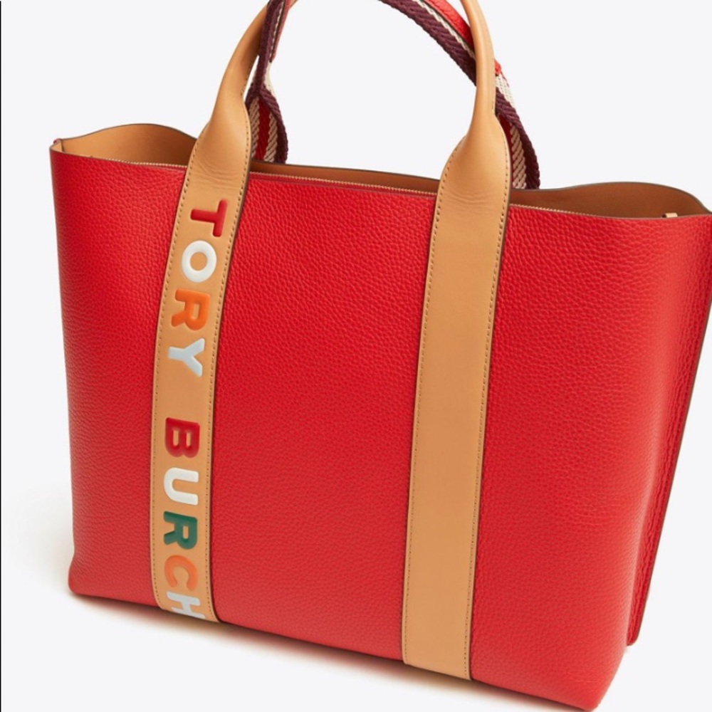 Authentic TORY BURCH LOGO stripe Leather Tote - Picture 11 of 16